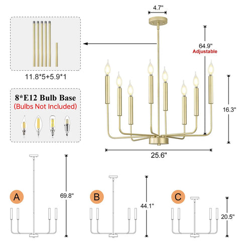 Diagram of Totally Chic Modern Farmhouse Gold 8 Light Chandelier with dimensions and E12 base details