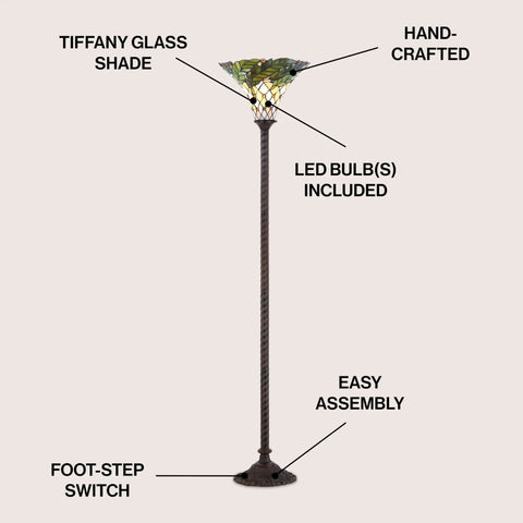 Bronze Botanical Tiffany-Style 71-Inch Torchiere Floor Lamp With Dope Handcrafted Stained Glass Bowl Shade, Traditional Iron Standing Lamp For Living Room, Energy-Saving LED Bulb Included, ETL Listed with assembly details