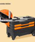 Folding Service Cart With Heavy Duty 4 Shelf Design, Mobile Rolling Tool Cart For Garage, Warehouse Or Workshop, Stackable, Dual Access Drawers From Front And Back, Heat Resistant Worktop, Smooth Rubber Casters folded with side latch detail