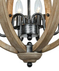 Close-up of Orb Four Light Farmhouse Chandelier in Stardust Brown Finish with Rustic Wood Accents and bulbs