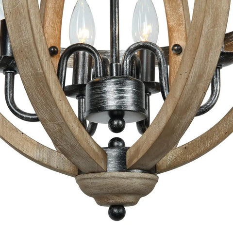 Close-up of Orb Four Light Farmhouse Chandelier in Stardust Brown Finish with Rustic Wood Accents and bulbs