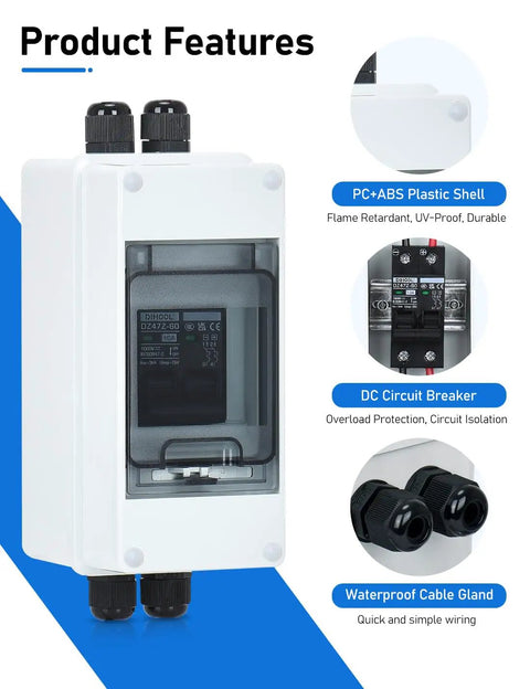 Pro Grade Solar Panel Disconnect Switch And 10 Amp DC 1000V RV Circuit Breaker Box With IP66 Weather Seal showcasing features and waterproof design.