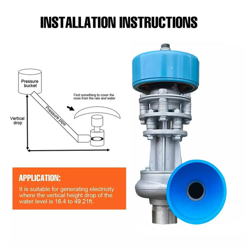 Installation diagram and side view of 1000W Portable Micro Hydro Generator For Off Grid Power, Self Adjusting Water Turbine.