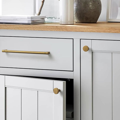 Six Pack Antique Brass Cabinet Knobs Set For Drawers And Cabinets, Solid Zinc Alloy One Hole Mount installed on white cabinets