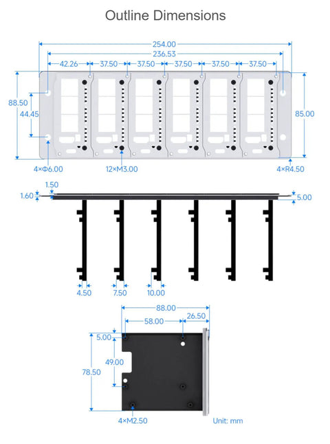 Outline dimensions diagram for Kickass 2U Rack Mount Enclosure For Raspberry Pi 4 And Pi 5 Server Clusters.