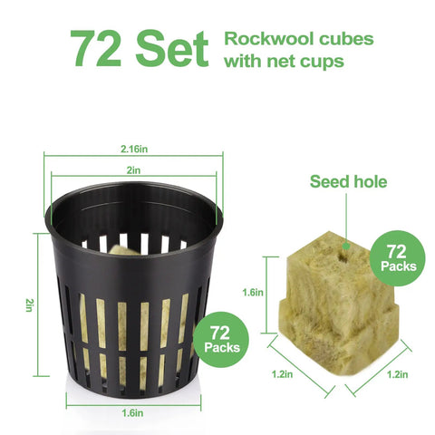 Hydroponics Starter Kit With 72 Rockwool Cubes And 72 Mesh Net Cups For No Soil Needed Seed Starting And Cuttings Includes 1.2 By 1.2 By 1.5 Inch Cubes And 2 Inch Net Cups Great For Garden Towers And DIY Hydroponics, showing mesh net cup and rockwool cube with dimensions.