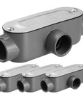 Four Pack 3/4 Inch Threaded T Type Conduit Body With Stamped Steel Cover And Die Cast Aluminum Junction Box