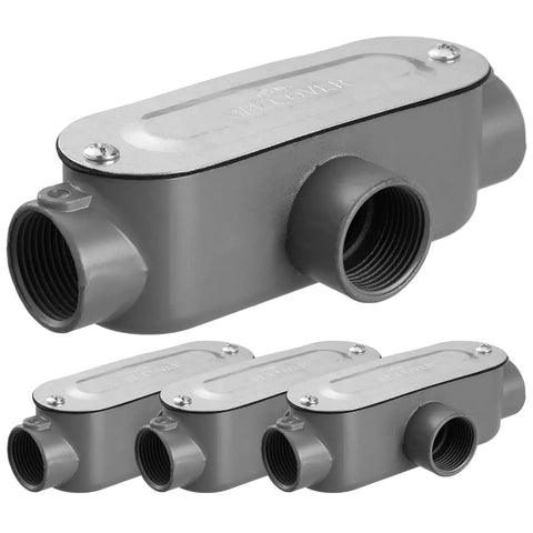 Four Pack 3/4 Inch Threaded T Type Conduit Body With Stamped Steel Cover And Die Cast Aluminum Junction Box