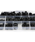 Ride-Ready RS125 Motorcycle Bolt Kit With Washers, Nuts, And Screws, Black Finish, Hex Socket Pan-Head Hardware Set For 2006-2011 Models, Heavy-Duty, Quick-Install Maintenance For Street Bikes in organizer tray