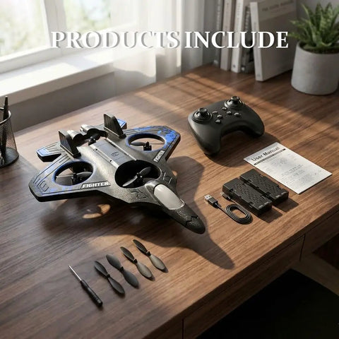 Foam RC Airplane With Lights, 360 Flip Stunt Fighter Jet Drone For Men on desk with remote, blades, and charger