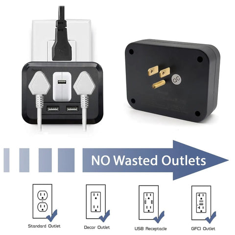 Front and side view of Three Outlet Wall Charger Extender With Built In Warm White LED Nightlight For Travel Ready Home Office Dorm And Car Non Blocking Sockets Safe ABS Surge Protector, showing no wasted outlets and types of receptacles.
