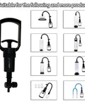 Ergonomic Vacuum Pump Handle With Quick Release Valve for Suction Rod Pumps, textured grip, black plastic, various setup images
