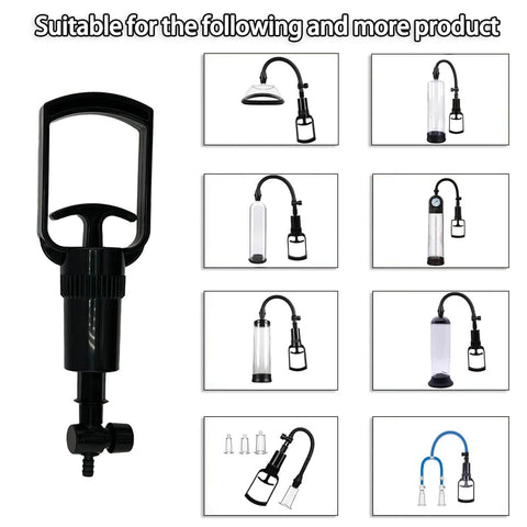 Ergonomic Vacuum Pump Handle With Quick Release Valve for Suction Rod Pumps, textured grip, black plastic, various setup images