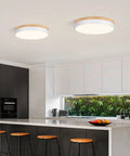 Modern kitchen with two Dimmable Wood LED Flush Mount Ceiling Light With Five CCTs 2700K To 6000K Modern Round Close To Ceiling Fixture In White Minimalist Ceiling Lamp For Living Room Bedroom And Laundry Room installed on ceiling.