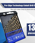 13-piece cobalt drill bit set in blue index case; front view, M35 HSS bits with 135° tips, sizes 1/16-1/4 in