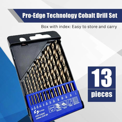 13-piece cobalt drill bit set in blue index case; front view, M35 HSS bits with 135° tips, sizes 1/16-1/4 in