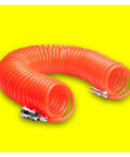 Slick Heavy Duty Polyurethane Air Hose Featuring Flexible Spring Pipe Design And Swiveling Industrial Couplers For No Sweat Pneumatic Projects And Air Compressor Tasks At 15 Meters, orange coil design.
