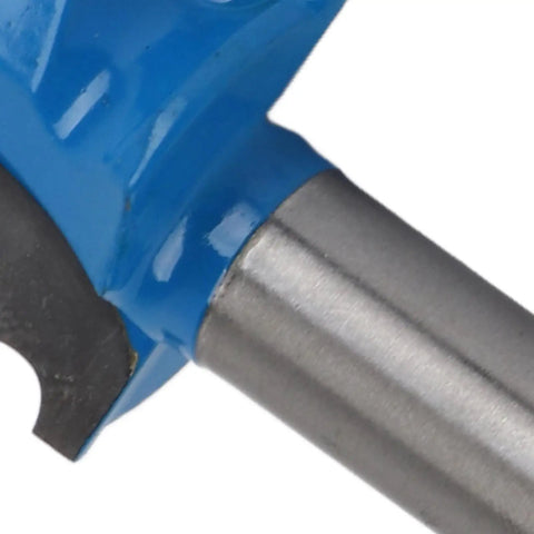 Heavy Duty 1/2 Inch Shank Drawer Pull Router Bit With Tungsten Steel And PTFE Coating For Smooth Wood Carving close-up of blue and stainless steel bit.