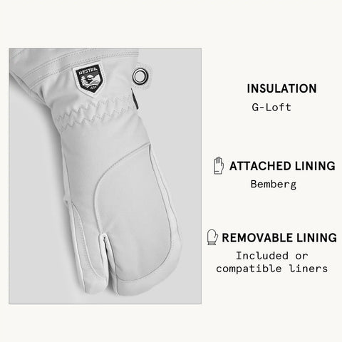 Army Leather Heli Ski 3 Finger Women's Leather Snow Glove for Skiing Snowboarding and Mountaineering in grey, insulation detail