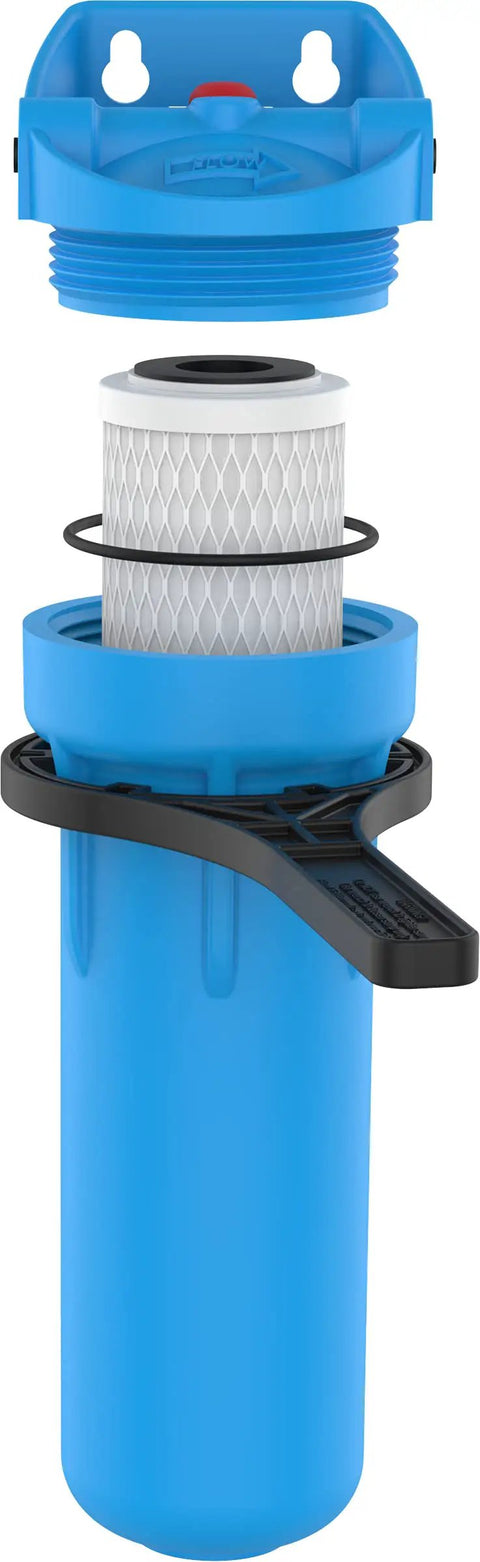 Undersink Water Filtration System With EZ Quick Connect 1 Quarter Inch Tubing, showing blue housing and CB3 carbon cartridge.