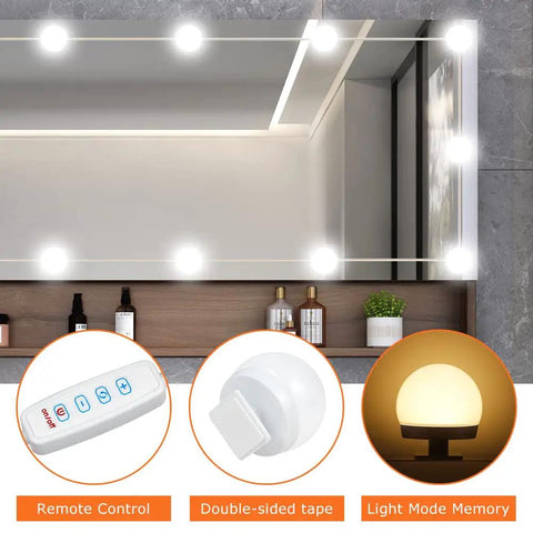 Hollywood Vanity Mirror Lights With 14 LED Bulbs 3 Color Temperatures And 10 Step Dimmable Brightness displayed with accessories