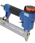 Real Deal 18 Gauge Pneumatic Brad Naler For Serious Carpentry And Upholstery Jobs Air Powered Naling Tool Built Different For 3 8 To 1 3 16 Inch Fasteners With Zero Jam Trigger close-up image showing the tool's grip and nose.