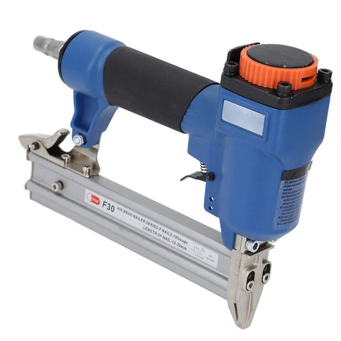 Real Deal 18 Gauge Pneumatic Brad Naler For Serious Carpentry And Upholstery Jobs Air Powered Naling Tool Built Different For 3 8 To 1 3 16 Inch Fasteners With Zero Jam Trigger close-up image showing the tool's grip and nose.