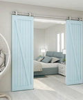Installed 9.6Ft Top Mount Sliding Barn Door Hardware Kit In Satin Brushed Stainless Steel with blue doors, T Style, Quiet Glide.