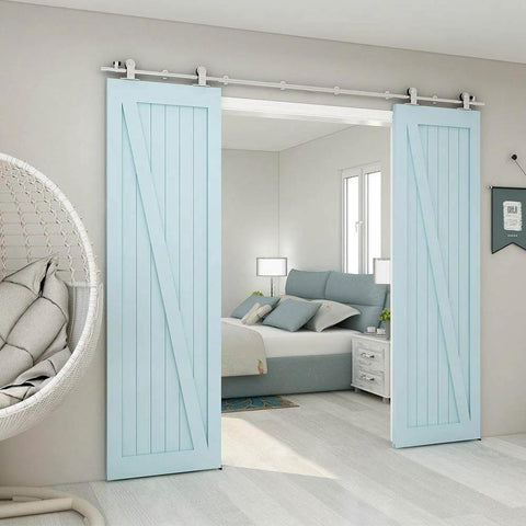 Installed 9.6Ft Top Mount Sliding Barn Door Hardware Kit In Satin Brushed Stainless Steel with blue doors, T Style, Quiet Glide.