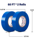 Pro Grade Blue Electrical Tape Waterproof For Insulation And Color Coding Ideal For Home And Industrial Electrical Repairs Up To Six Hundred Volts Three Quarters Inch Wide Sixty Feet Long Per Roll Two Rolls, showing two rolls with dimensions