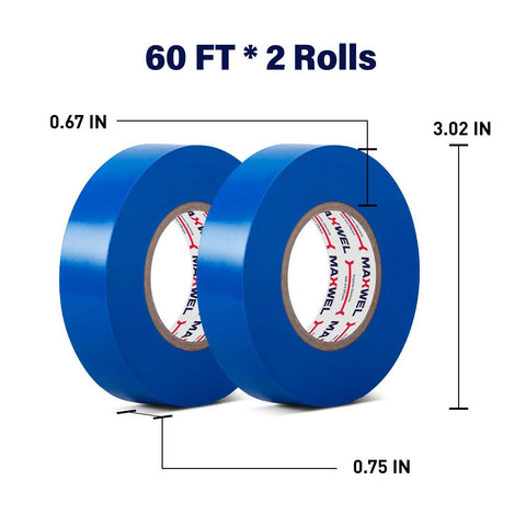Pro Grade Blue Electrical Tape Waterproof For Insulation And Color Coding Ideal For Home And Industrial Electrical Repairs Up To Six Hundred Volts Three Quarters Inch Wide Sixty Feet Long Per Roll Two Rolls, showing two rolls with dimensions