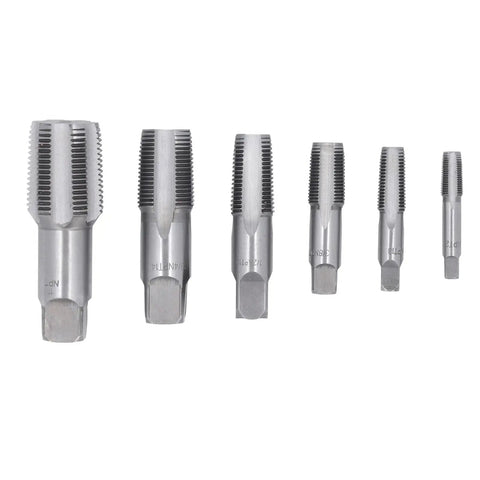 Rock Solid Six Piece NPT Pipe Tap Set Made From Super Strong Carbon Steel For Easy Plumbing Repairs, PVC Fitting Fixes And Auto Work Including Rethreaded Jobs On 18 To One Inch Pipes, six taps