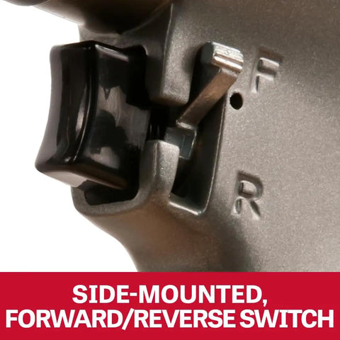 Close-up of side mounted forward reverse switch on Three Eighths Inch Pneumatic Reversible Drill With Variable Speed Up To 2000 RPM Sealed Ball Bearing Design For Smooth Contaminant Free Operation Lightweight Aluminum Build Side Mounted Forward Reverse Switch Ergonomic Pro Grade Tool Built To Last