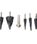Heavy Duty Step Drill Bit Set with 4 Flute M35 Cobalt Hss Twist Design For Stainless Steel And Hard Metal, 1/4 Inch Shank Pagoda Bits To Make Smooth Large Holes From 1/8 To 1 3/8 Inch Easily Without Mess or Stripping. six-piece set shown on white background