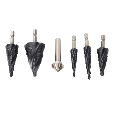 Heavy Duty Step Drill Bit Set with 4 Flute M35 Cobalt Hss Twist Design For Stainless Steel And Hard Metal, 1/4 Inch Shank Pagoda Bits To Make Smooth Large Holes From 1/8 To 1 3/8 Inch Easily Without Mess or Stripping. six-piece set shown on white background