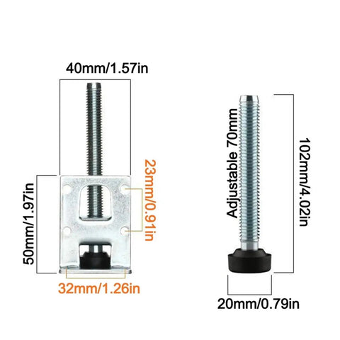 Adjustable Furniture Feet Set 8 Pieces with Heavy Duty Zinc Alloy Leveling Legs size chart and dimensions