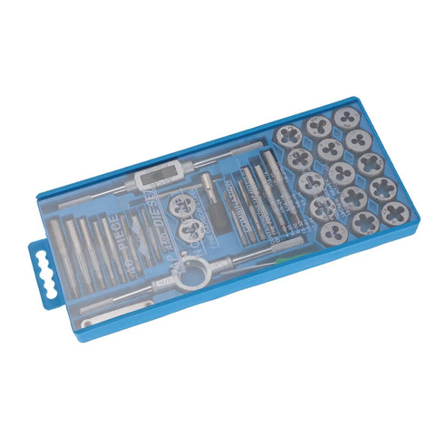 Heavy Duty 40-Piece Tap And Die Set For Machinists Featuring High Carbon Steel Fine Threads With Ratcheting Wrenches Thread Gauge Screwdriver And T-Wrench Perfect For Auto Repair Metalworking And DIY Projects, blue case