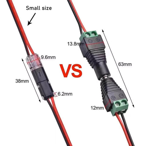 Easy Snap Double Wire Plug In Connectors With Locking Buckle for Strip Lights and DIY Projects shown side by side