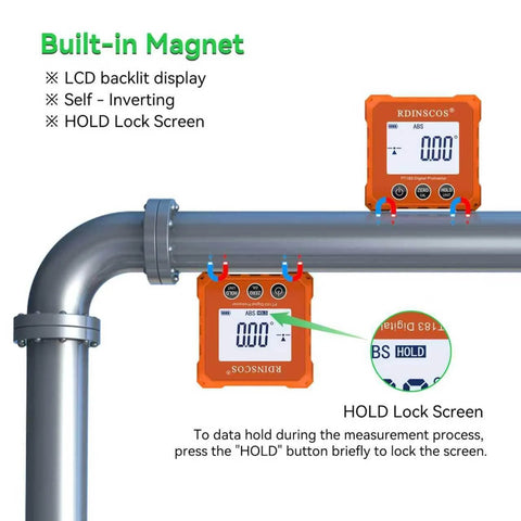 Magnetic Digital Angle Finder on metal pipe showing 0.00°, magnetic attachment, for woodworking and table saws use.