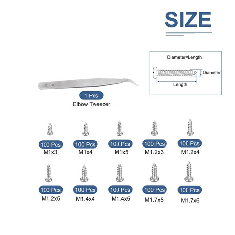 Ultimate Mini Screw Kit With 1000 Carbon Steel Nickel Plated Self Tapping Screws And Elbow Tweezers for Electronics Repairs