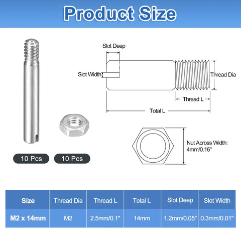 10Pcs Slotted Cylindrical Pins With Nuts M2 X 14mm 304 Stainless Steel Dowel External Thread Locating Pin Slotted Screw For Cabinet And Furniture Installation DIY Friendly Hardware product size diagram