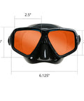 Crystal Clear HD Mask And Snorkel Set With Dual Lenses For Adults, front view, orange lenses, black silicone, with measurements.
