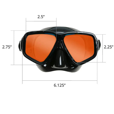 Crystal Clear HD Mask And Snorkel Set With Dual Lenses For Adults, front view, orange lenses, black silicone, with measurements.
