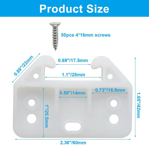 Banish Sticking Drawers Forever With These White Plastic Center Mount Slide Kits Boasting Seven Hole Track Guides That Glide Smooth As Butter And Build Like A Tank Includes Every Screw Needed To Finish Up Quick, showing product size and screw dimensions.