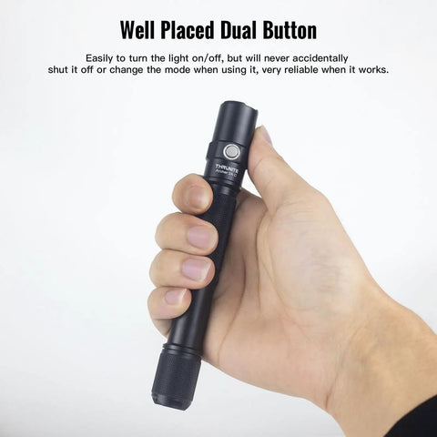 Archer 2A V3 LED Flashlight 500 Lumens Mini AA EDC Pocket Rocket Light held in hand highlighting dual switch design