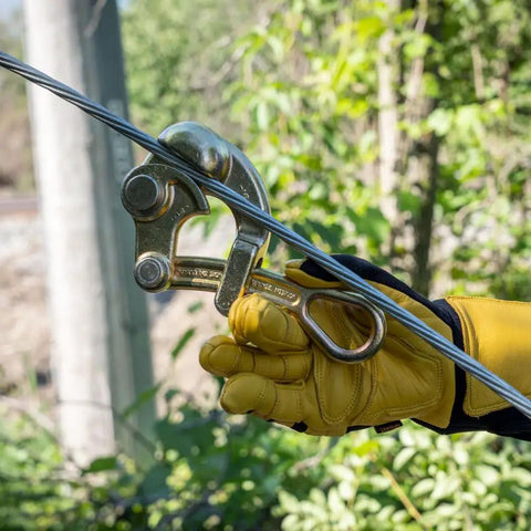 Haven's Grip For Messenger And Guy Strand Cable, Light Duty, Grippy Knurled Jaw Tool, 1/8 To 1/2 Inch, Gold Finish, in use.