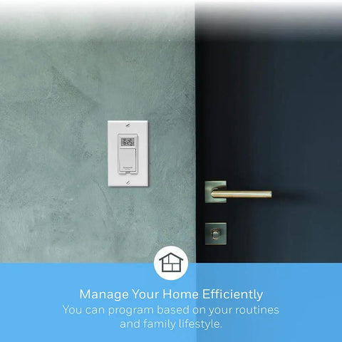 7 Day Programmable Light Switch Timer No Brainer For Home Automation with wall mount near door, white finish