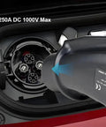 Close-up of Heavy Duty Ccs1 To Chademo Adapter For Dc Ev Fast Charging Connector, 250 Amp 1000 Volt Max rated plugging into EV.