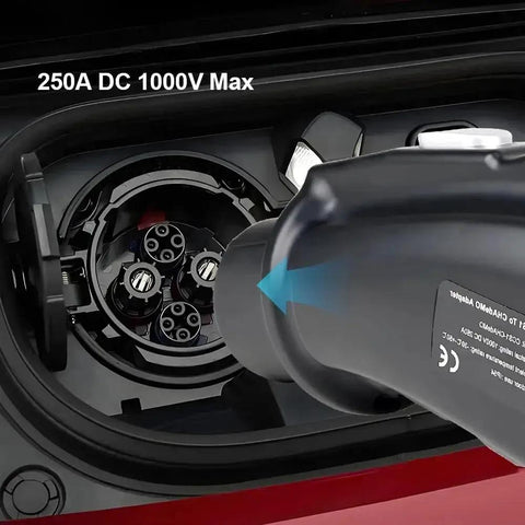 Close-up of Heavy Duty Ccs1 To Chademo Adapter For Dc Ev Fast Charging Connector, 250 Amp 1000 Volt Max rated plugging into EV.