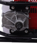 Close-up of Workhorse Gas Powered Post Hole Digger's metal gear housing and engine detail with red casing.